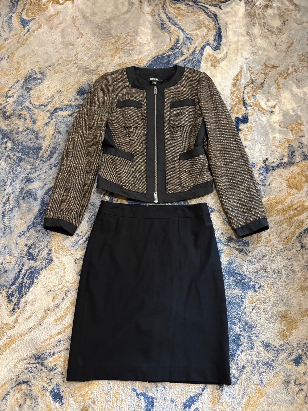 DKNY Black Trim Tweed Zip Jacket - Black & Brown
